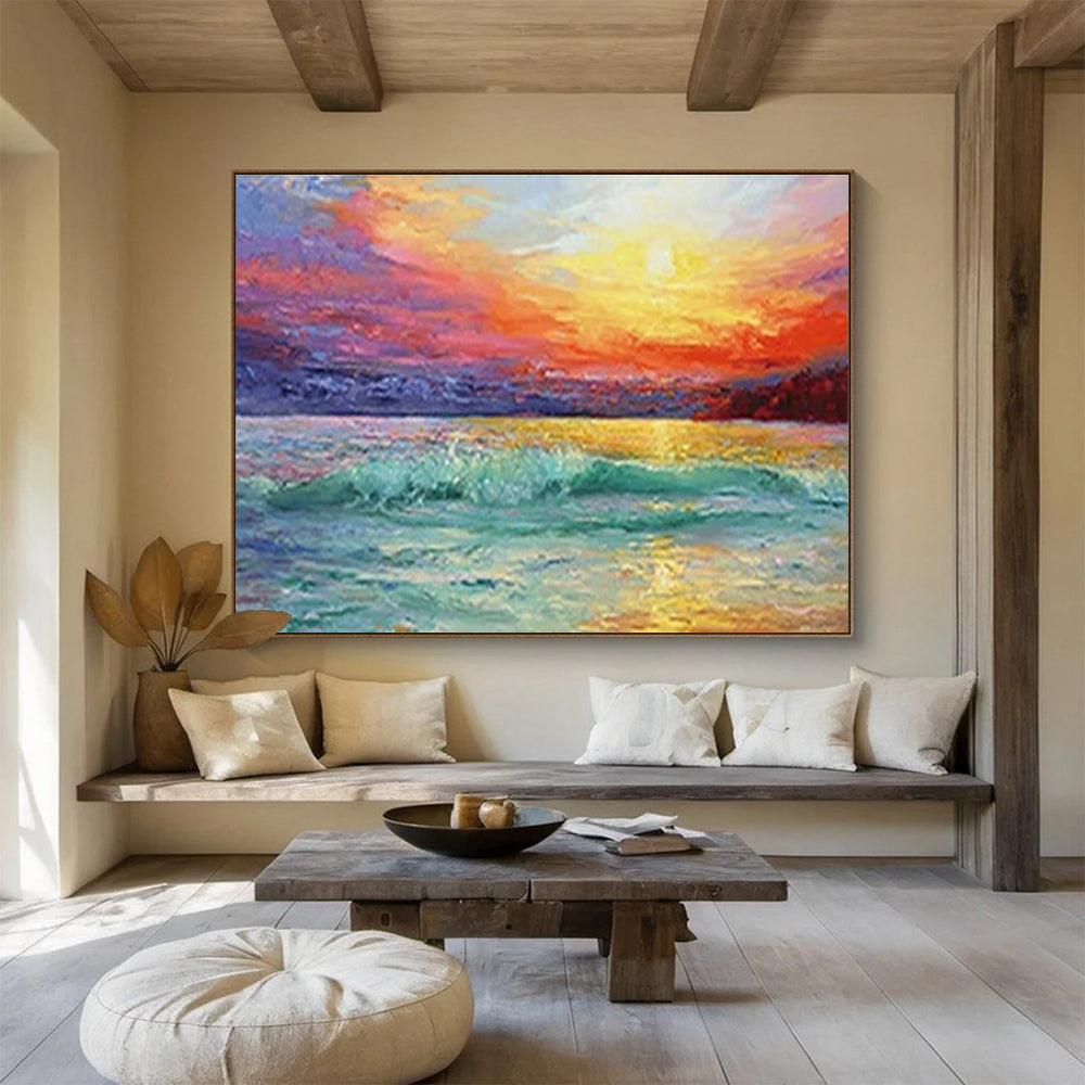 Vivid Sea Sunset Oil Painting for Coastal Home Living Room Focal Points DLZ3276