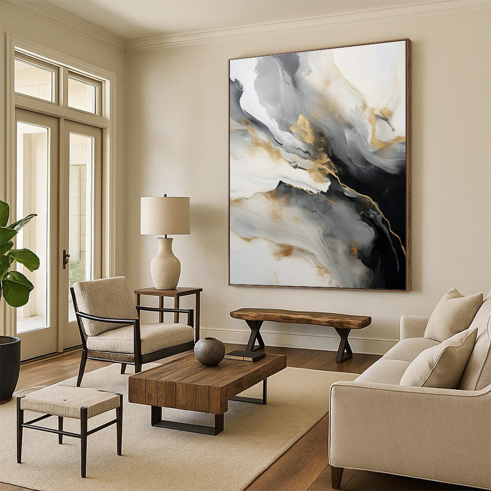 Gold - Gray Ink Abstract Art for Modern Art Lounge & Sophisticated Hotel Lobby DLZ0729
