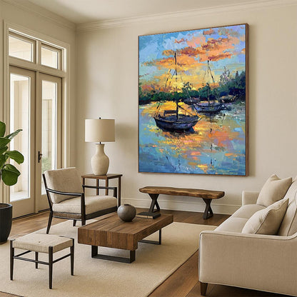 Sunset Sailboats Oil Art for Living Room & Cottages DLZ0321