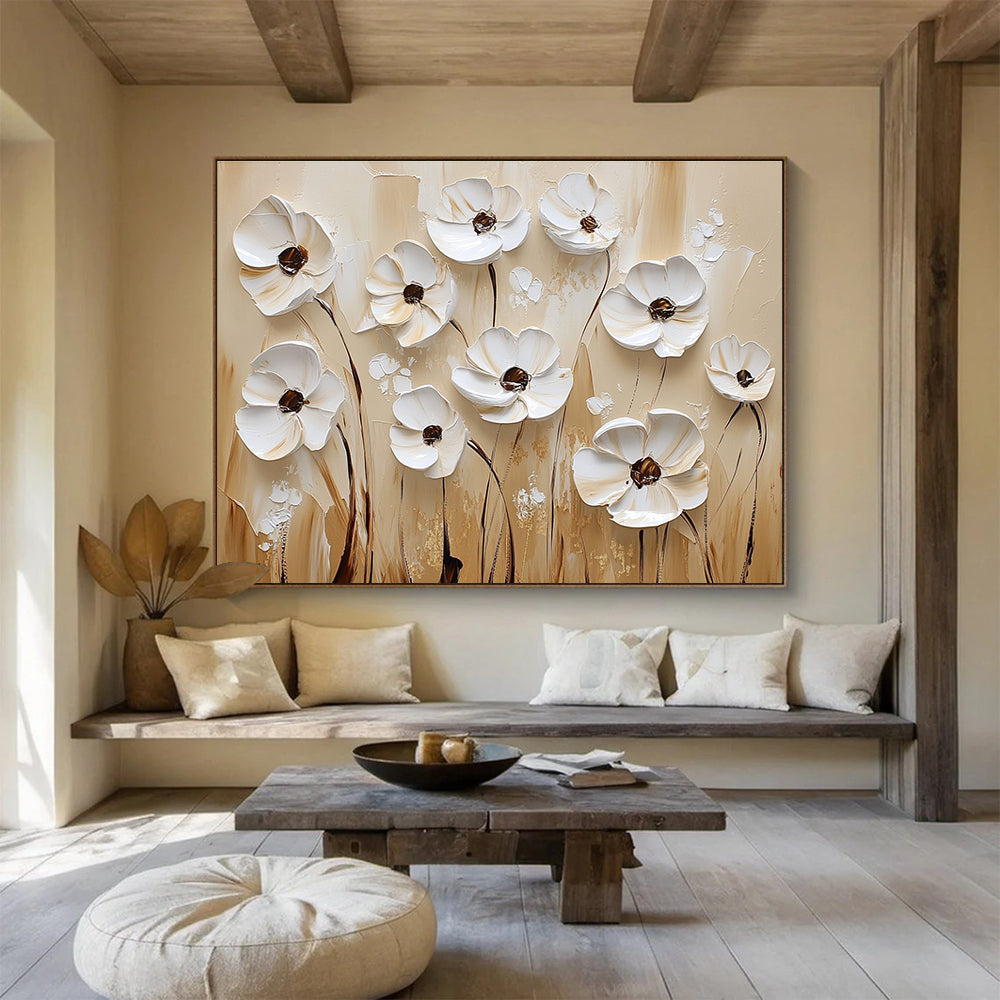 White Flowers on Beige Art for Minimalist Bedroom & Art Gallery SC003