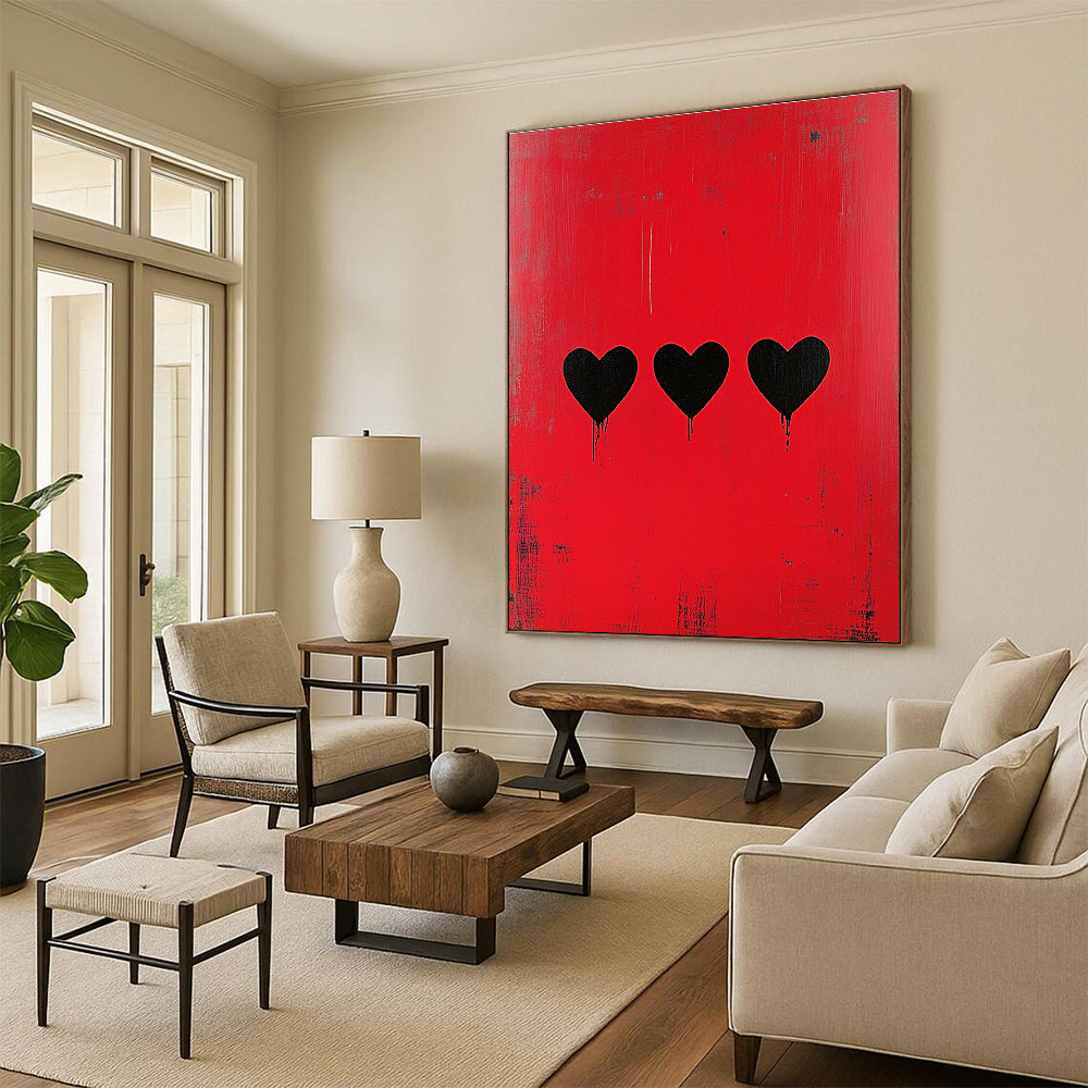 Three Black Hearts on Red for Romantic Lounge & Eclectic Home Bar STSC1164