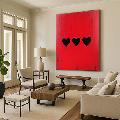 Three Black Hearts on Red for Romantic Lounge & Eclectic Home Bar STSC1164