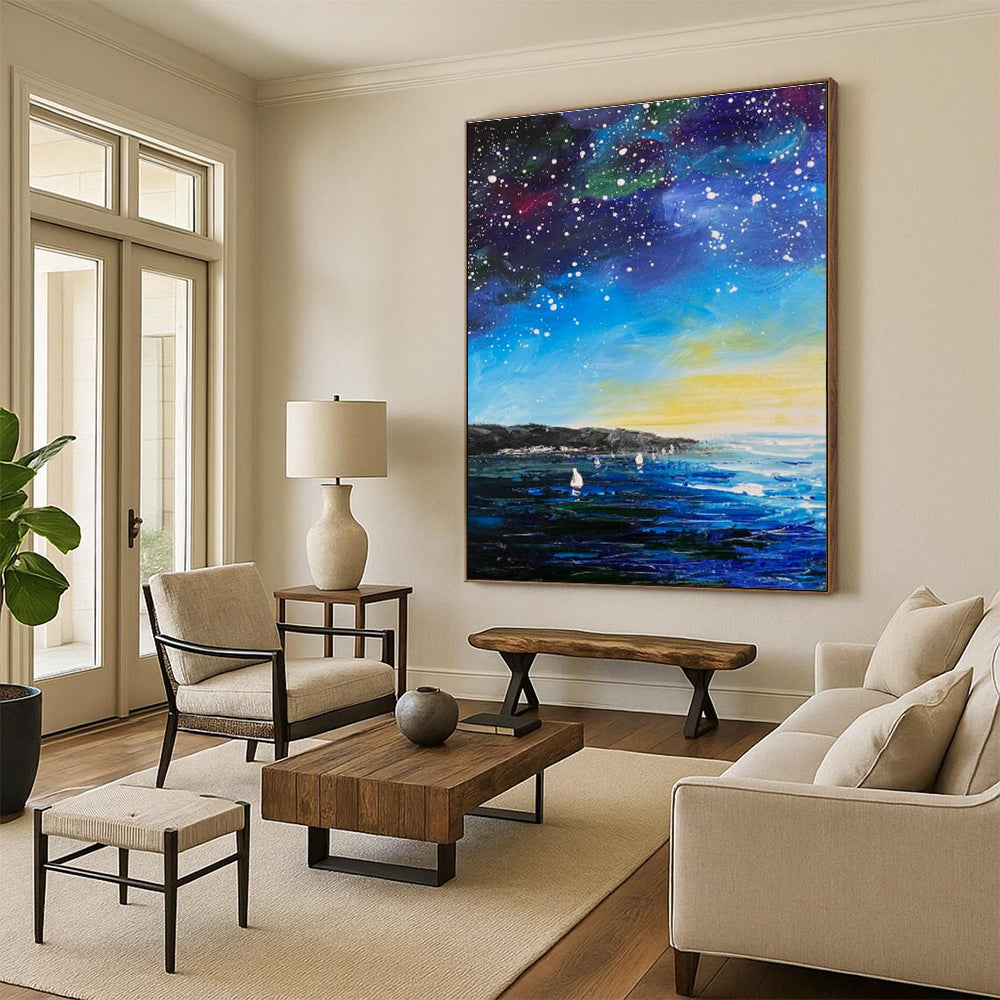 Starry Sea View Oil Painting for Bedroom & Cottage DLZ0346