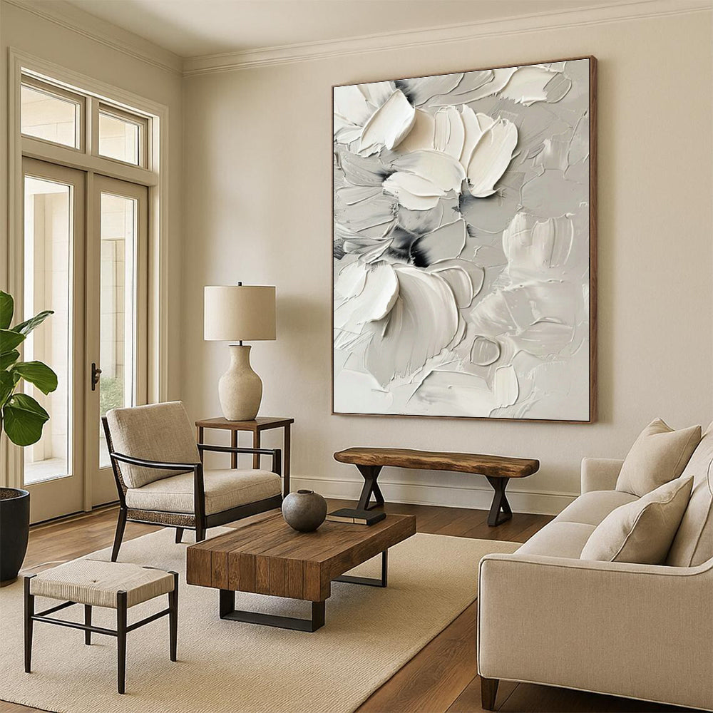 White Floral Textured Abstract Art for Romantic Wedding Venue & Feminine Home Bedroom DLZ0828