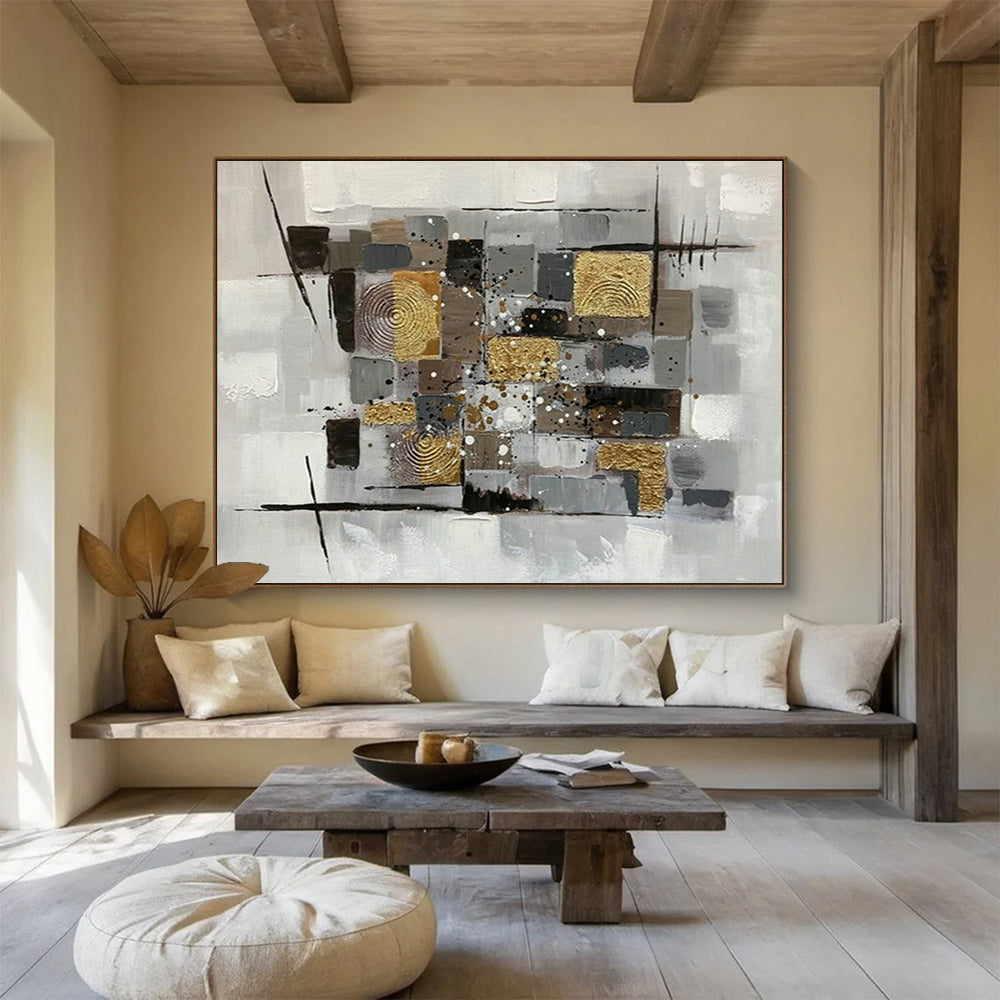 Gold - Grey Geometric Collage Art for Contemporary Study DLZ2737