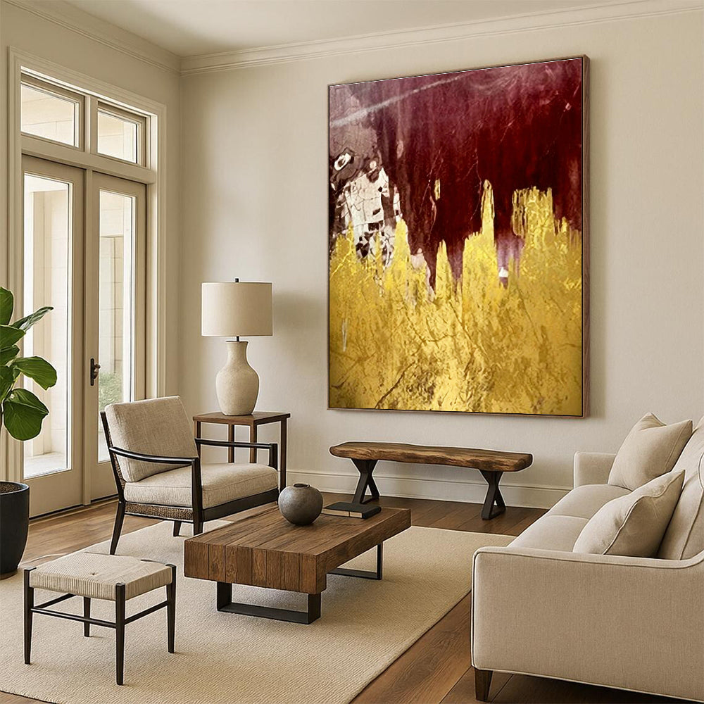 Burgundy & Gold Foil Abstract Art for Upscale Restaurant & Bohemian - Chic Bedroom DLZ1343