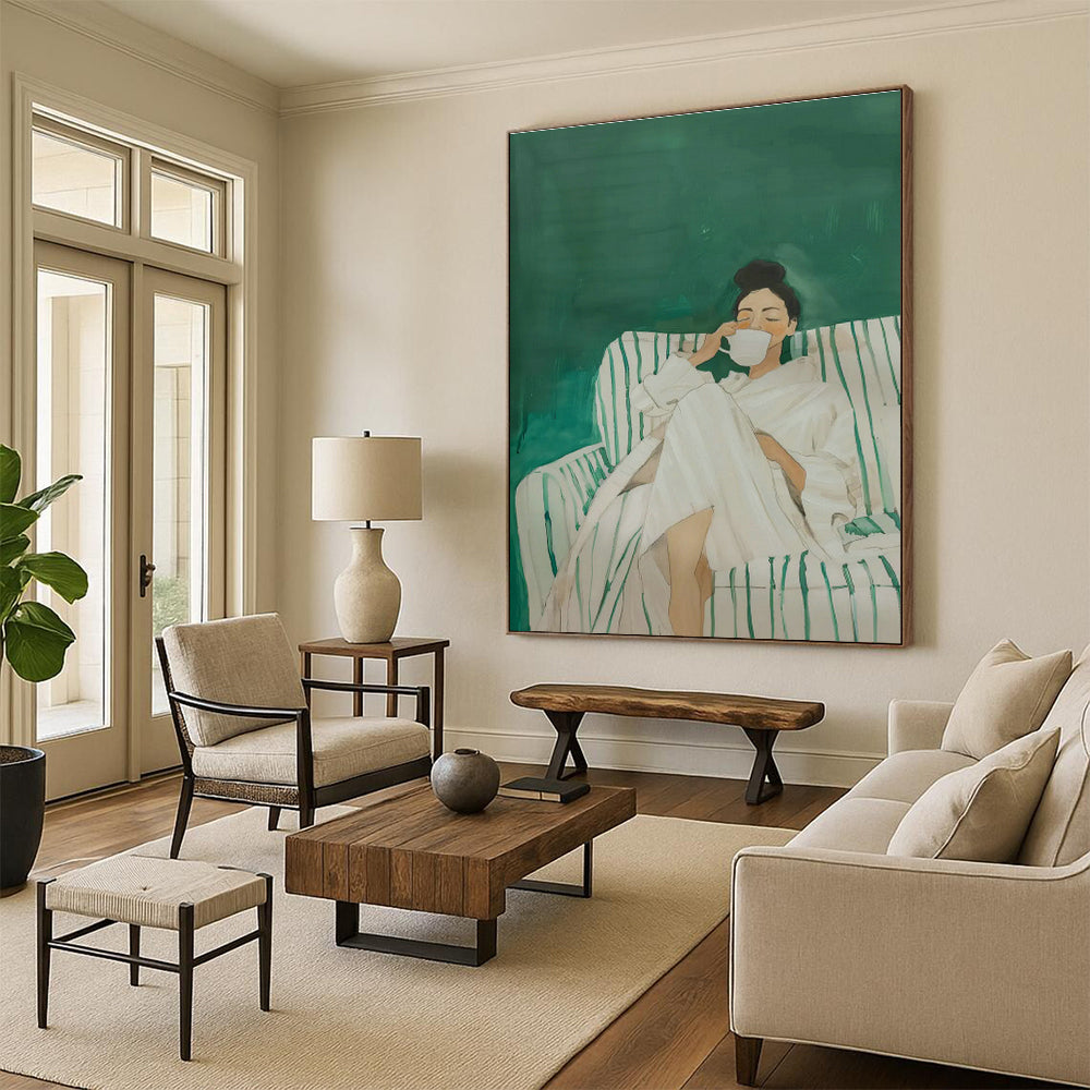 Woman in White Robe on Green Sofa Art for Spa Retreat & Cozy Bedroom DLZ0690