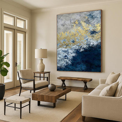Gold and Blue Abstract Wave Art for Luxury Hotel Lobby & Art - Deco - style Lounge DLZ2249