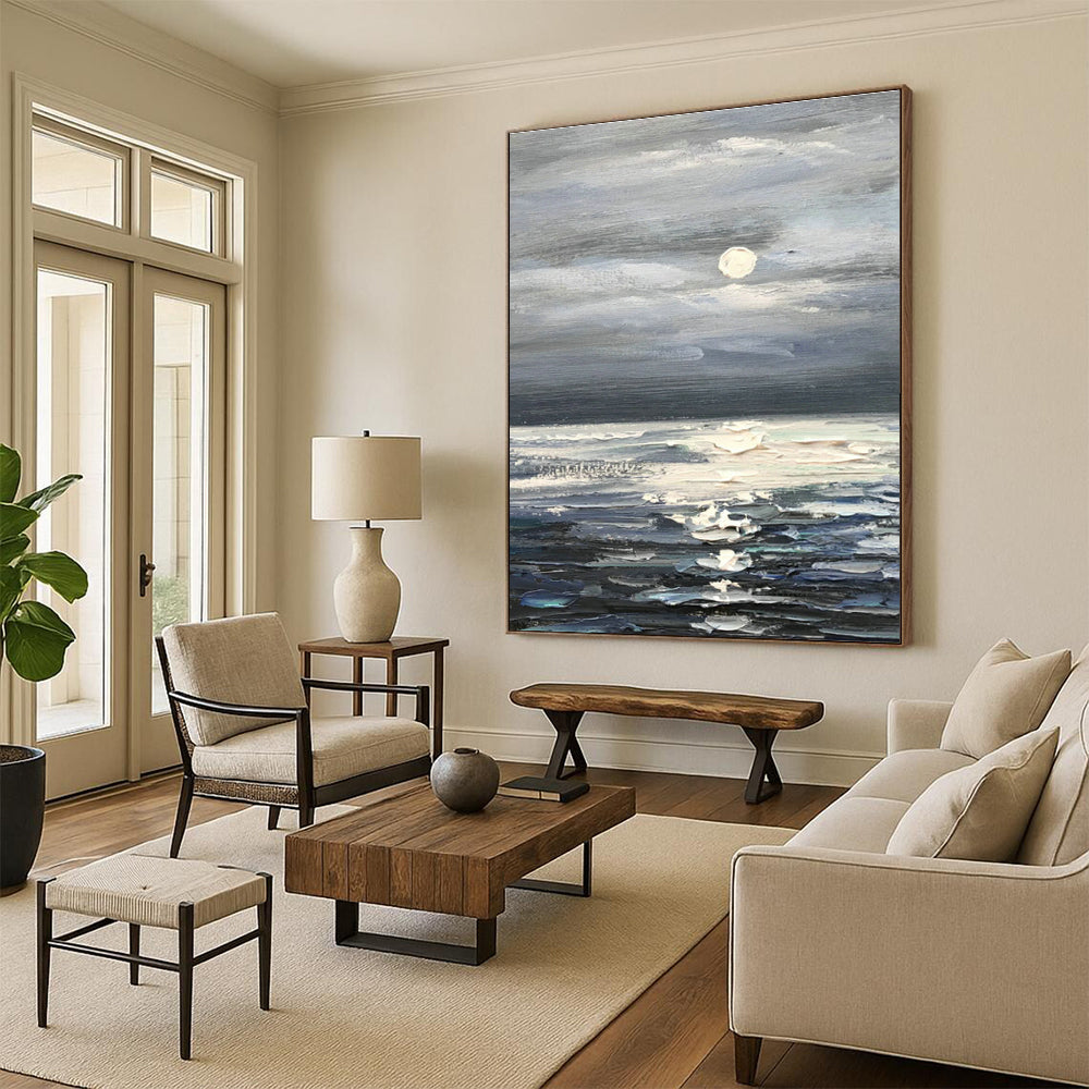 Moonlit Sea Oil Painting for Beachfront Bedroom & Nautical - Themed Lounge DLZ1300