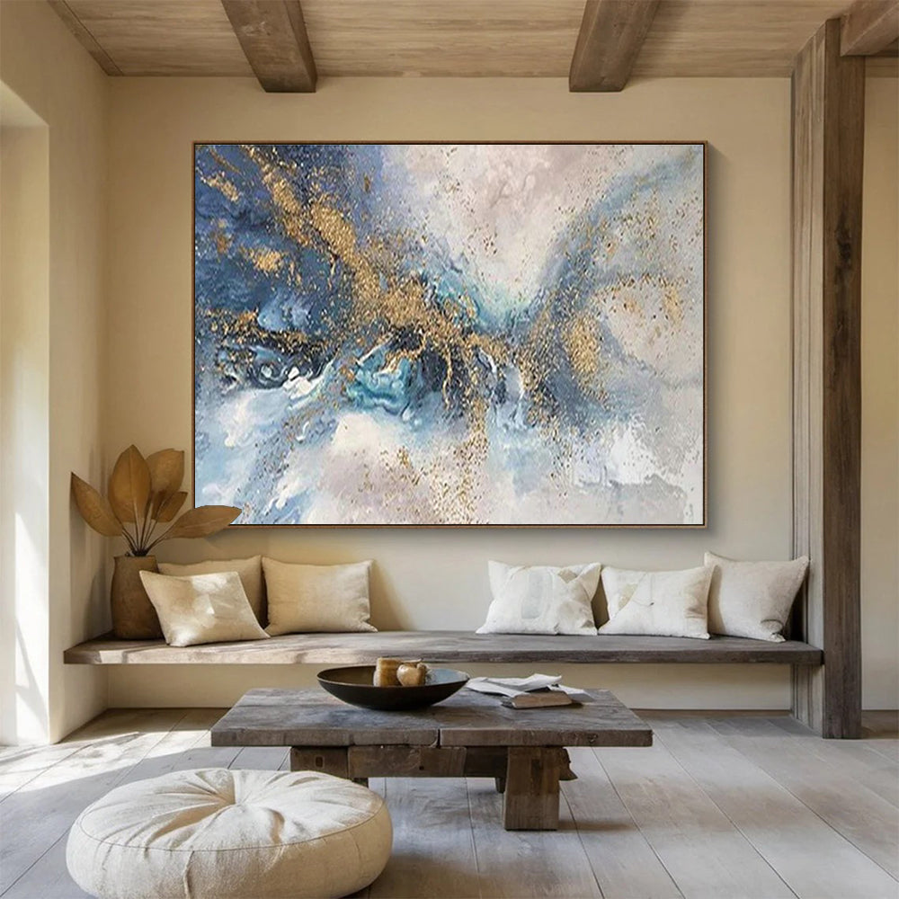 Blue - Gold Splash Abstract Art for Luxury Hotel Lobby Statement Walls DLZ3277