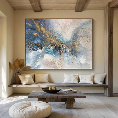 Blue - Gold Splash Abstract Art for Luxury Hotel Lobby Statement Walls DLZ3277