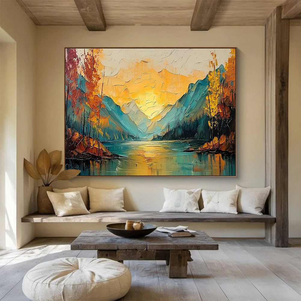 Textured Mountain & Lake Sunset Art for Adventure Lodge Communal Spaces DLZ3245