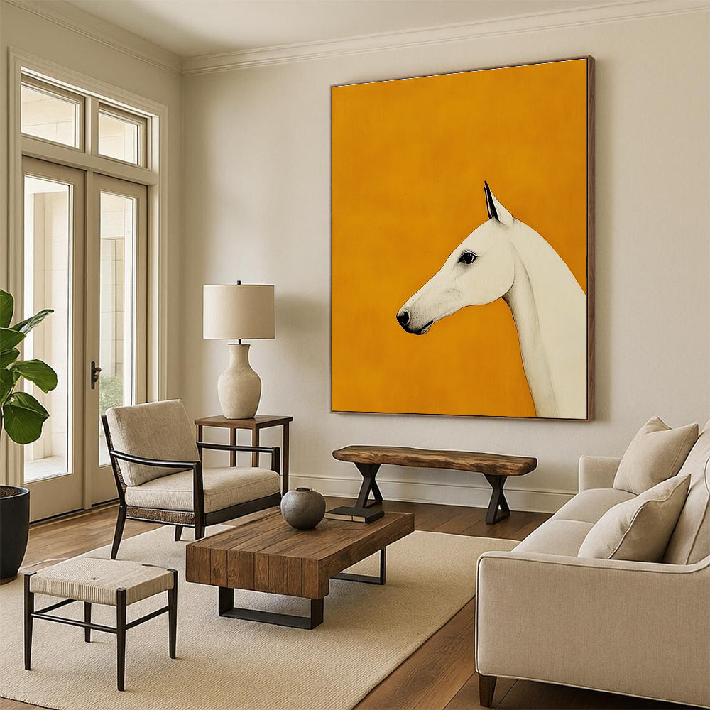 White Horse on Orange Background Art for Equestrian Home Hallway & Modern Art Studio STSC1063
