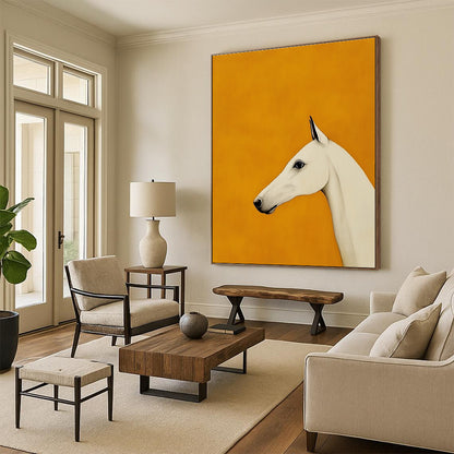 White Horse on Orange Background Art for Equestrian Home Hallway & Modern Art Studio STSC1063
