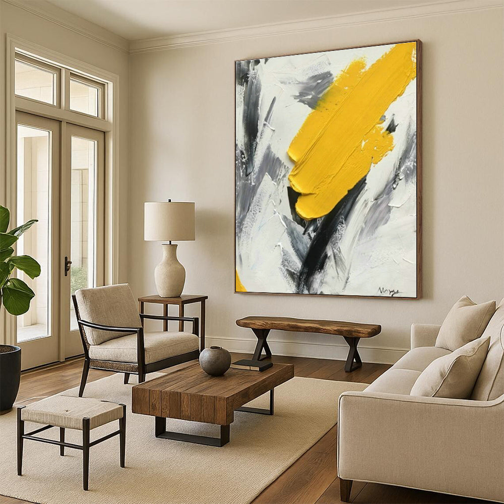 Yellow - Gray Brushstroke Abstract Art for Mid - Century Modern Living Room & Art Teacher’s Studio DLZ1457