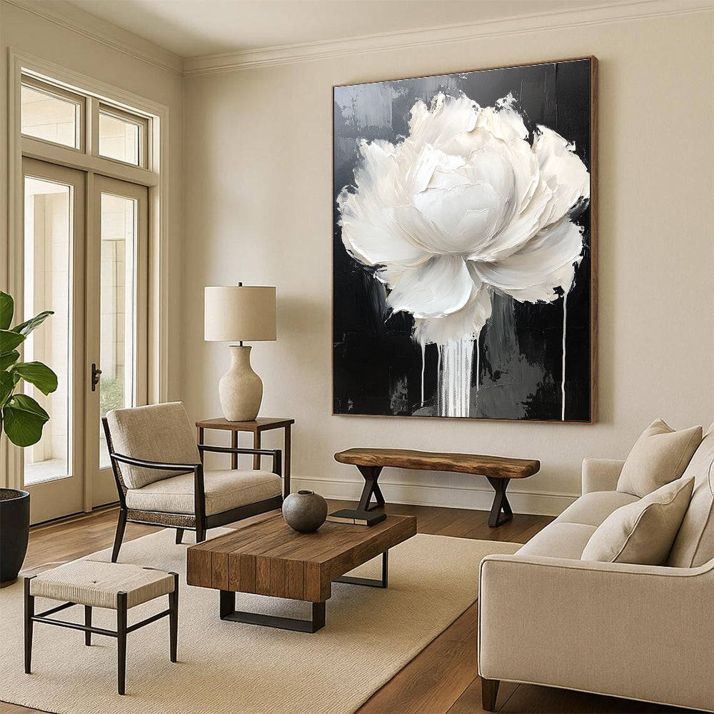 Large White Flower on Black for Luxury Dining Room & High - End Art Showroom STSC517