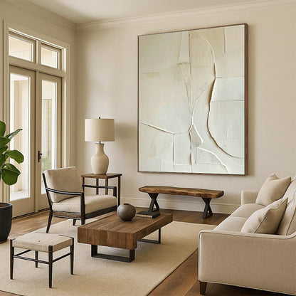 White Geometric Abstract Relief Art for Scandinavian Bedroom & Modern Art Gallery DLZ1321