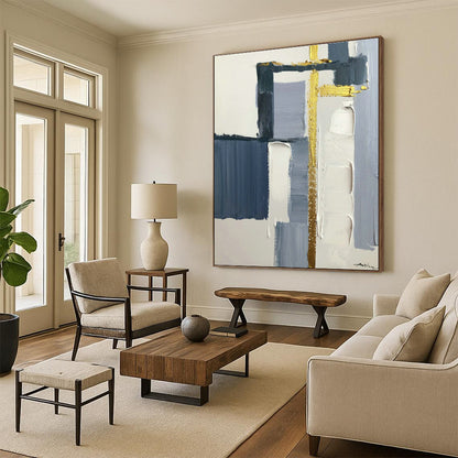 Blue, Gray & Gold Abstract Art for Coastal Home Living Room & High - End Office Waiting Area DLZ0825