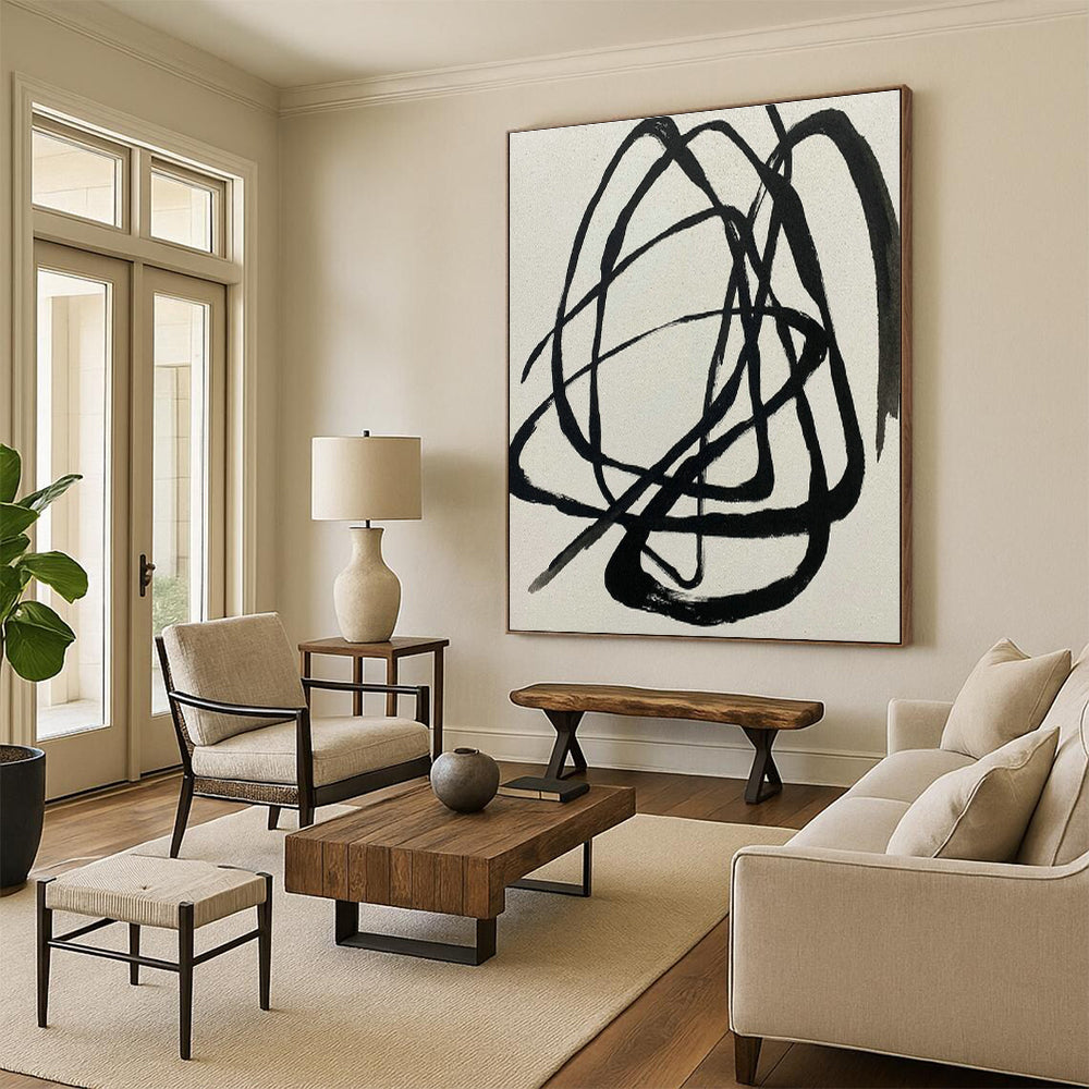 Black - White Tangled Lines Abstract Art for Modern Office & Art Studio DLZ2020