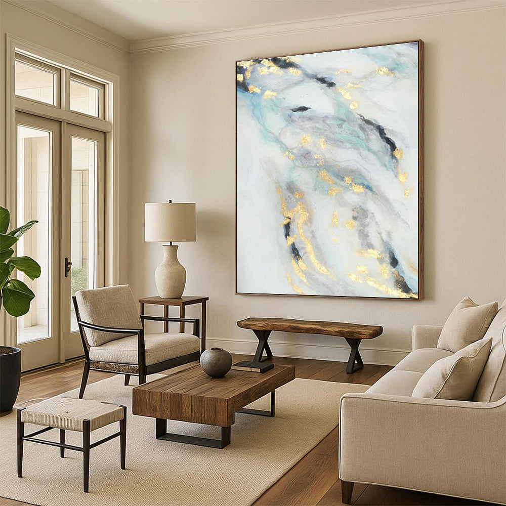 Blue - Gold Ink - Style Abstract Art for Asian - Fusion Restaurant & Zen - Inspired Home DLZ0666