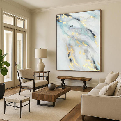 Blue - Gold Ink - Style Abstract Art for Asian - Fusion Restaurant & Zen - Inspired Home DLZ0666