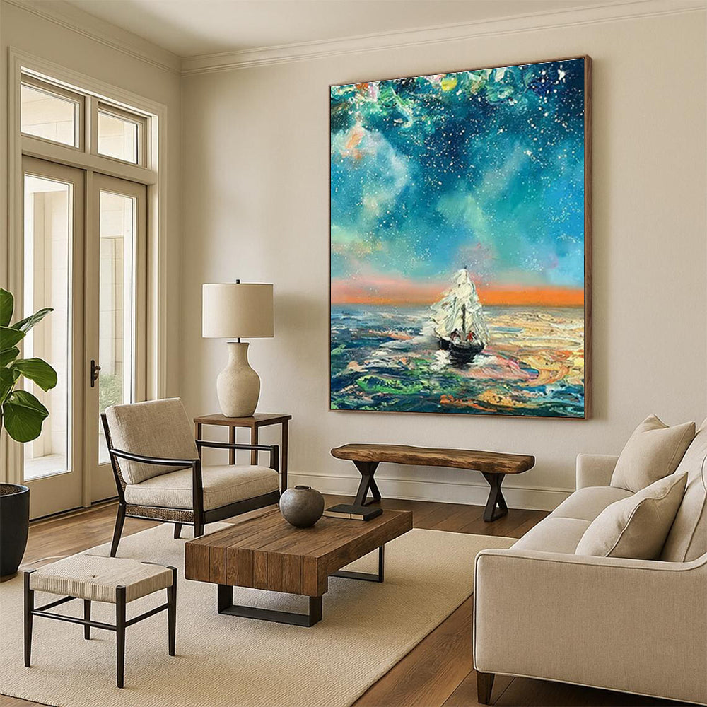 Starry Night Sailboat Oil Painting for Nautical - Themed Bar & Beach House Bedroom DLZ1056