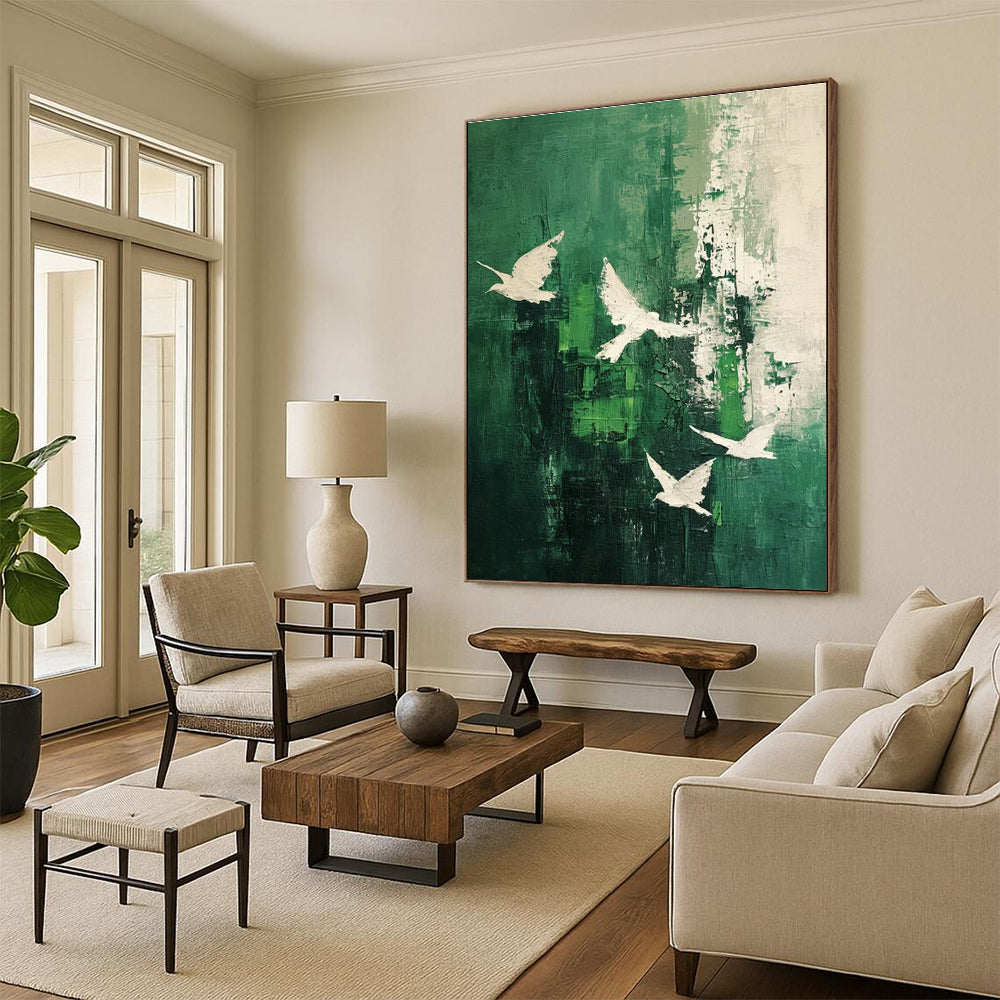 Dark Green & White Doves Abstract Art for Nature - Inspired Home & Yoga Studio DLZ1318