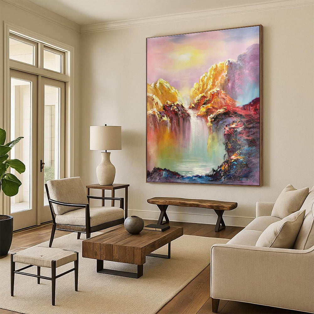 Colorful Mountain Waterfall Oil Painting for Luxury Hotel Suite & Wellness Spa DLZ1286