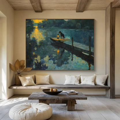 Lakeside Dog & Lantern Oil Painting for Rustic Cabin Living Rooms DLZ2605