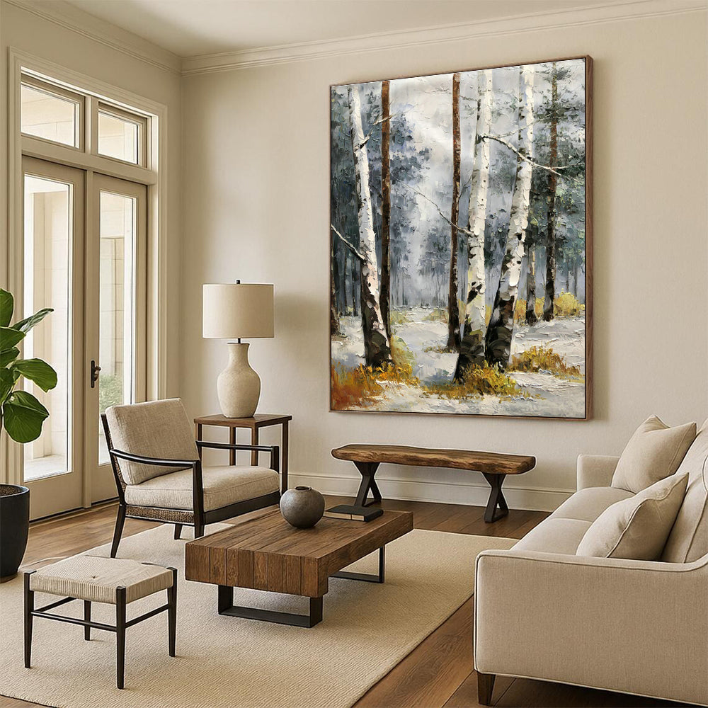 Birch Forest in Snow Oil Painting for Nordic - Style Home & Ski Resort Lobby DLZ1283