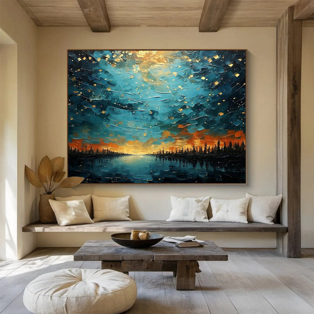 Starry Night Lake Landscape Art for Cosy Cabin Getaways DLZ3090