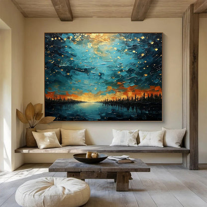 Starry Night Lake Landscape Art for Cosy Cabin Getaways DLZ3090