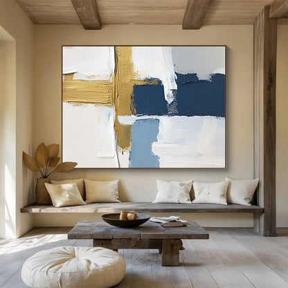 Blue - Gold Abstract Collage Art for Nautical - Themed Home Office & Upscale Seaside Bar SC267