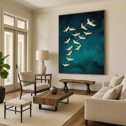 Golden Cranes in Flight Art for Living Room & Bedroom DLZ0389