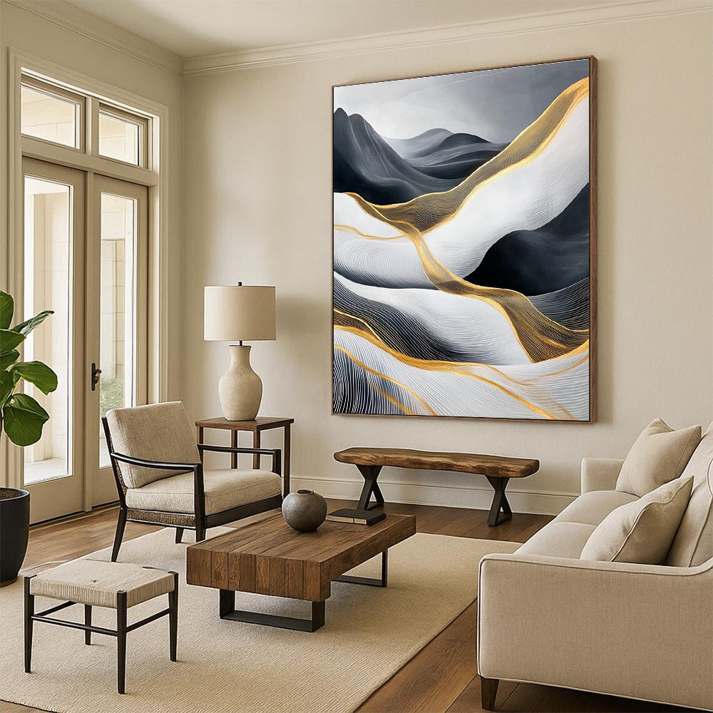 Black, White, and Gold Abstract Waves for Opulent Living Room & High - End Hotel Lobby STSC358