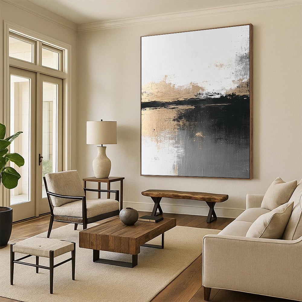 Black, White, and Gold Abstract Landscape for Minimalist Home Office & Art - Centric Lounge STSC387