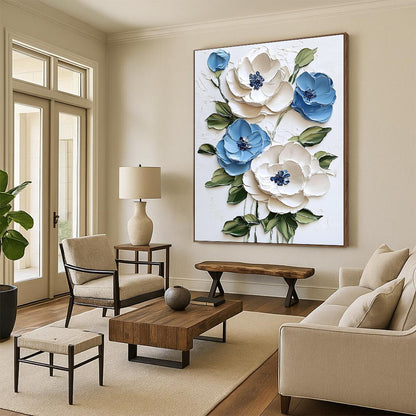 3D Blue and White Flowers Floral Art for Cottage - Style Bedroom & Garden - Themed Café STSC1471