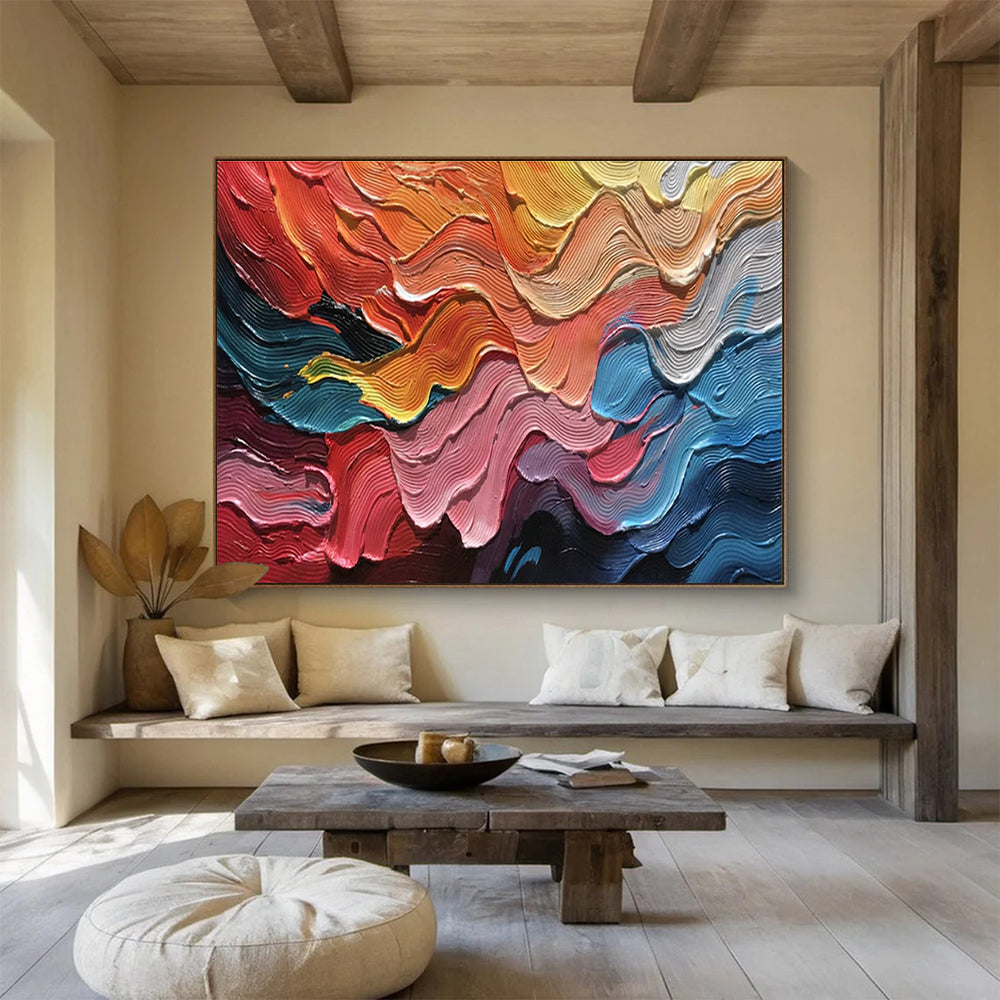 Colorful Wave Palette Knife Art for Bohemian - Style Beach House Living Rooms DLZ3207