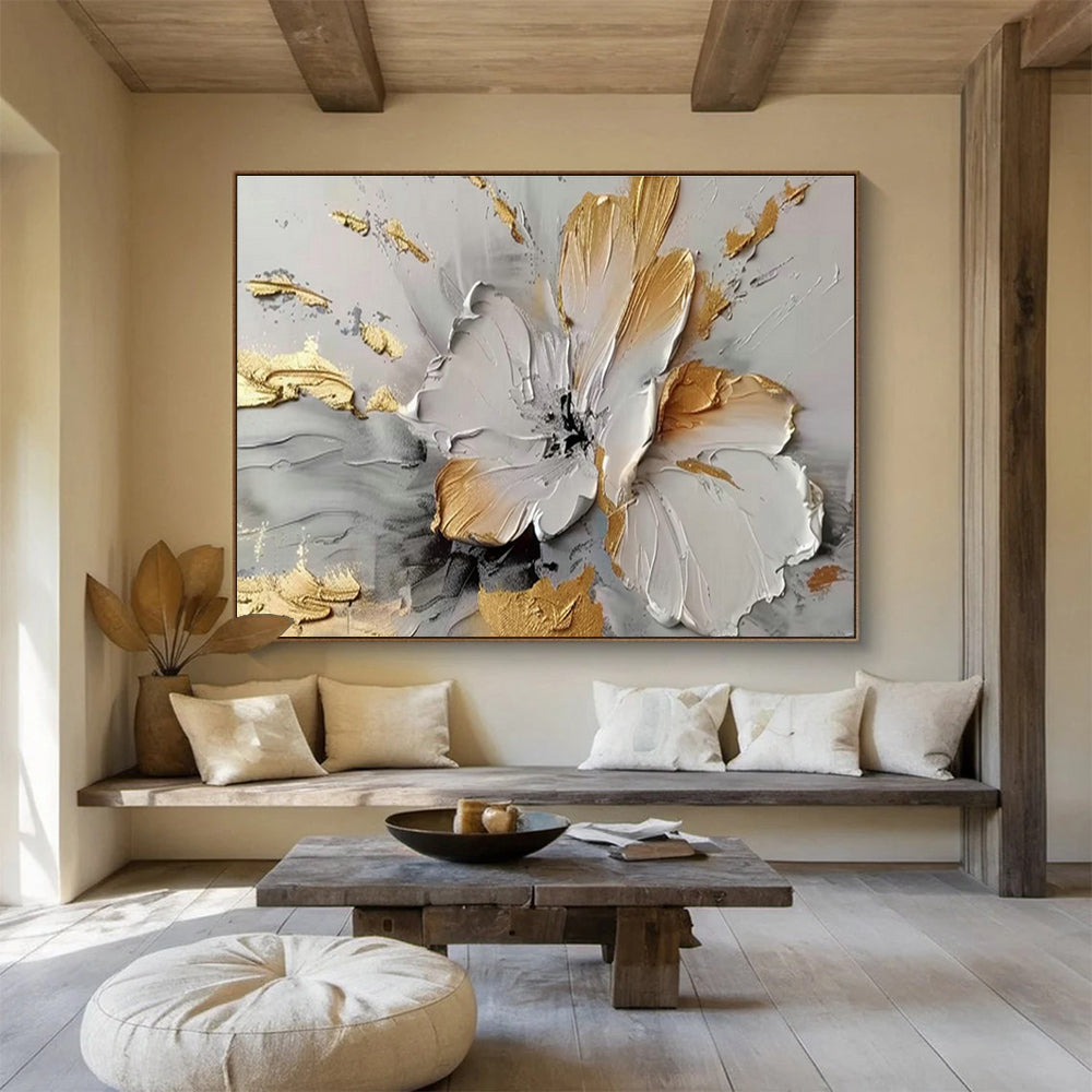 Gold - Accented Floral Relief Art for Luxe Living Room Statement DLZ3061