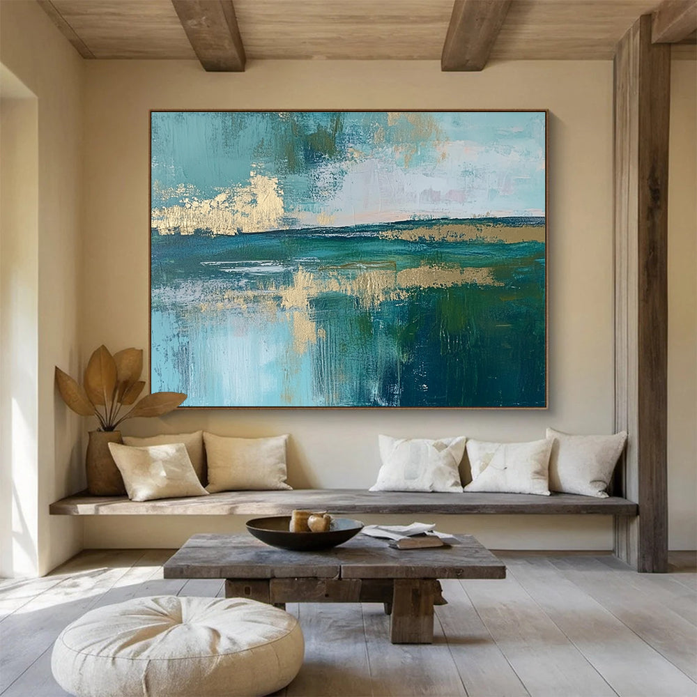 Teal Coastal Abstract Art for Beach - Themed Boutique Hotel Room & Artistic Coastal Café SC115