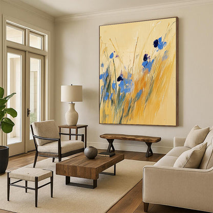 Blue Flowers in Yellow Grass for Bohemian Garden Room & Serene Reading Nook STSC336