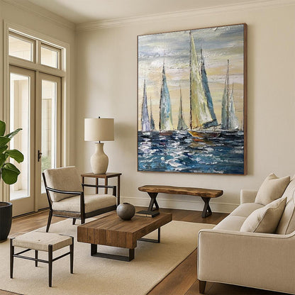 Sailing Boats Oil Painting for Nautical Yacht Club & Beach House Dining Room DLZ0852
