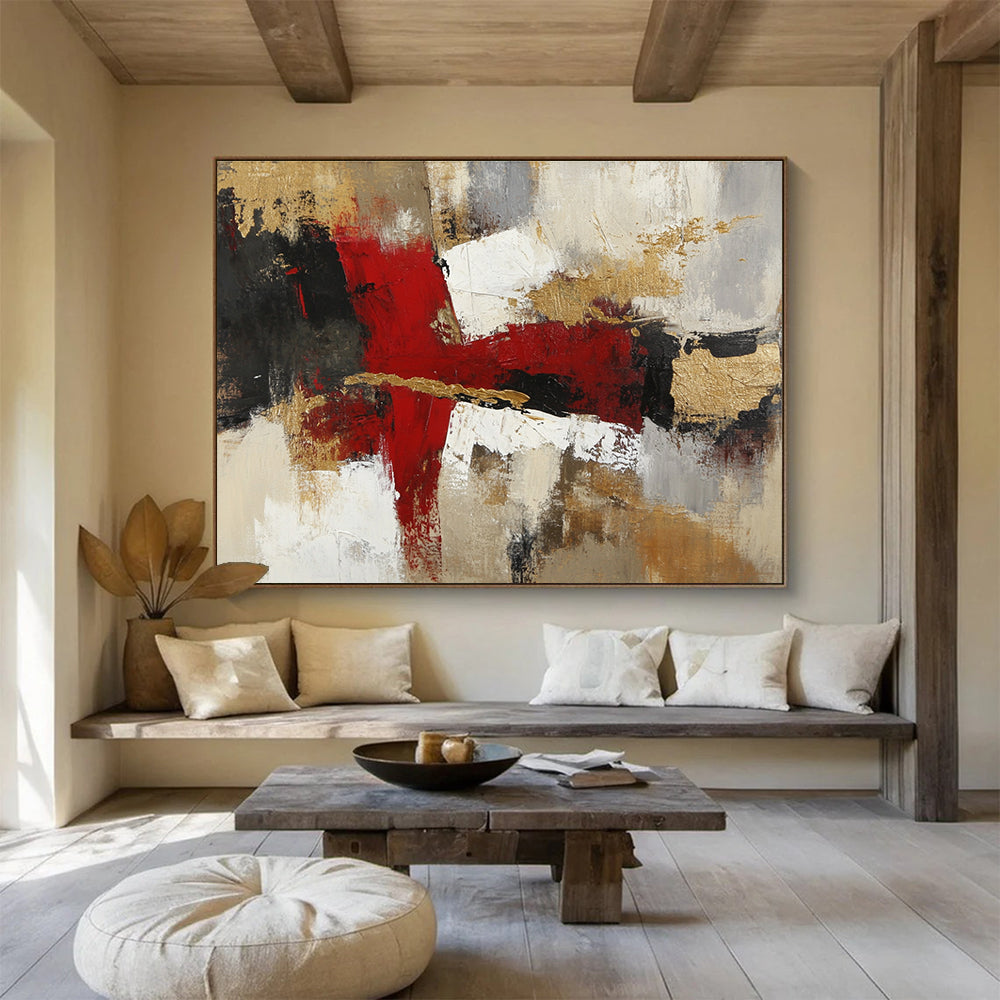 Bold Red and Gold Abstract Art for Luxury Hotel Lobby & Elegant Home Office SC381