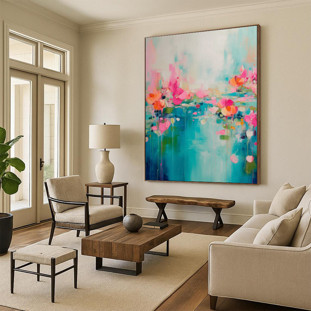 Blue - Pink Floral River Art for Bohemian Living Room & Coastal Café DLZ1000