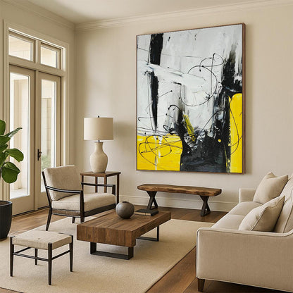 Yellow - Black Line Abstract Art for Living Room & Bedroom DLZ0497