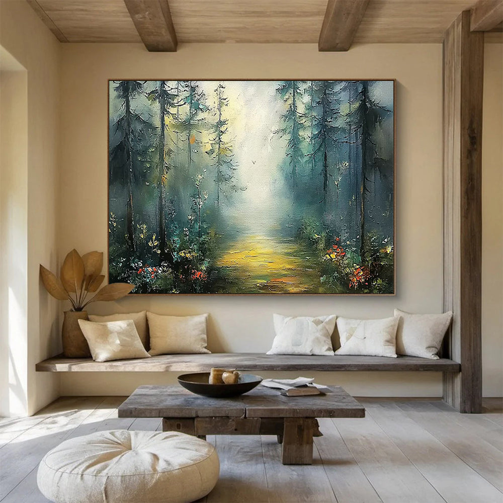 Forest Pathway Oil Painting for Rustic Lodge Common Area Decor DLZ3255