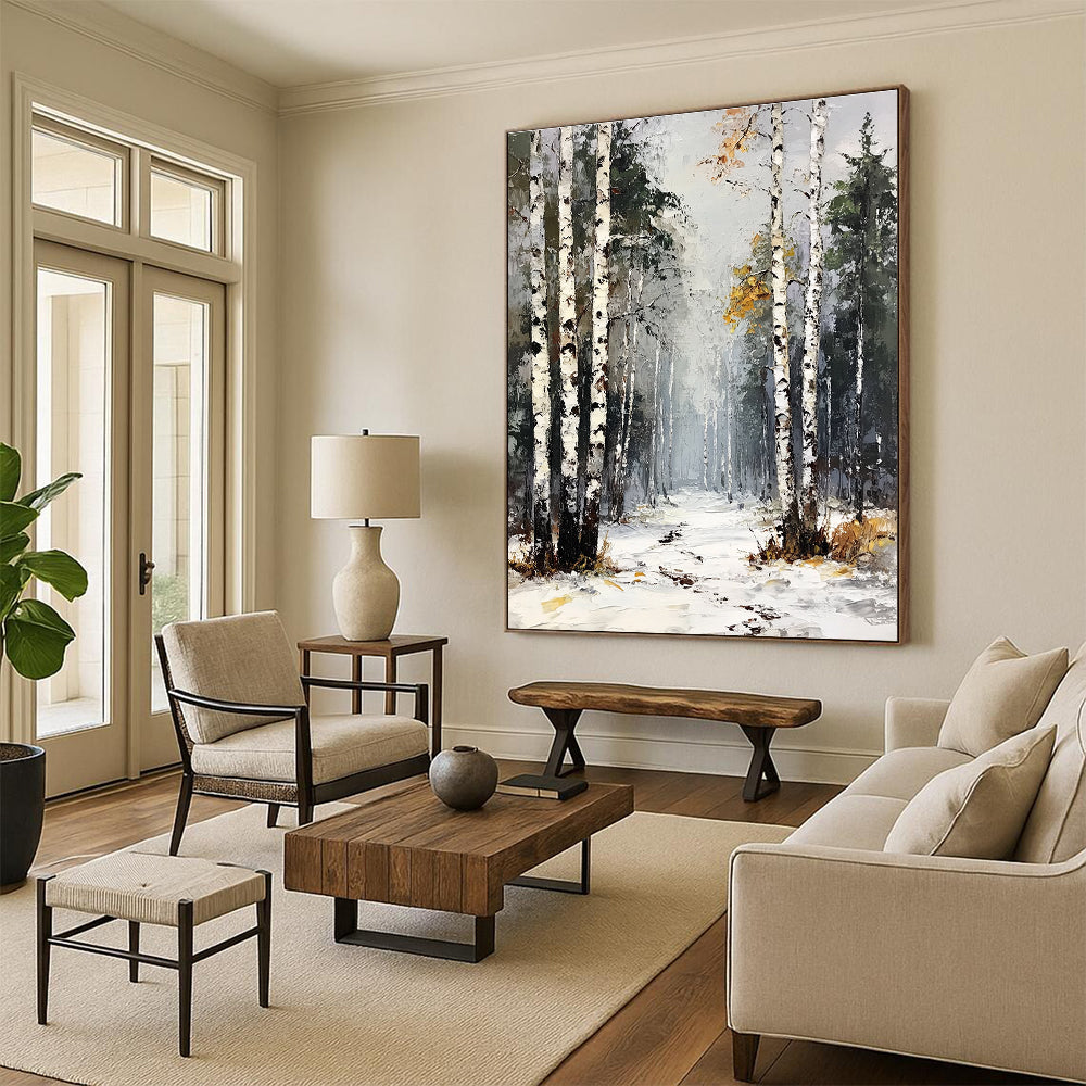 Snowy Birch Forest Path 3 Art for Mountain Chalet & Nature - Inspired Living Room STSC1386