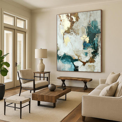 Modern White - Gold - Teal Abstract Art for Living Room & Dining Room DLZ0397