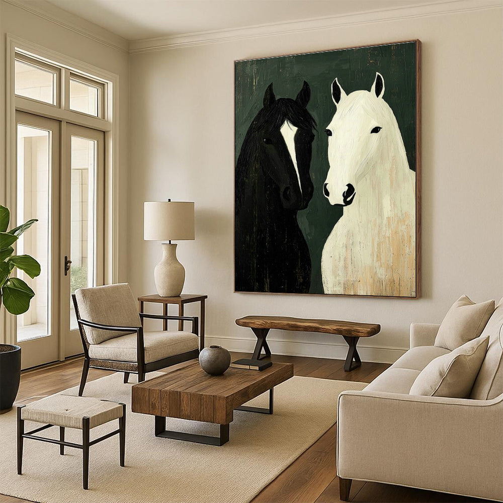 Black and White Horses Art for Rustic Farmhouse Living Room & Equestrian Club Lounge DLZ1010