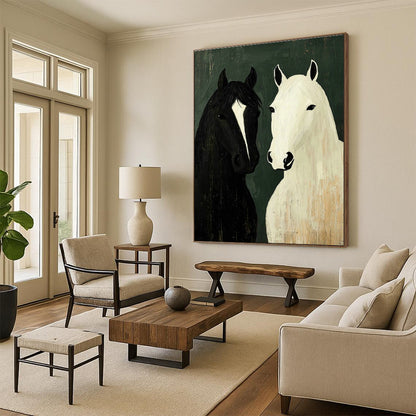 Black and White Horses Art for Rustic Farmhouse Living Room & Equestrian Club Lounge DLZ1010
